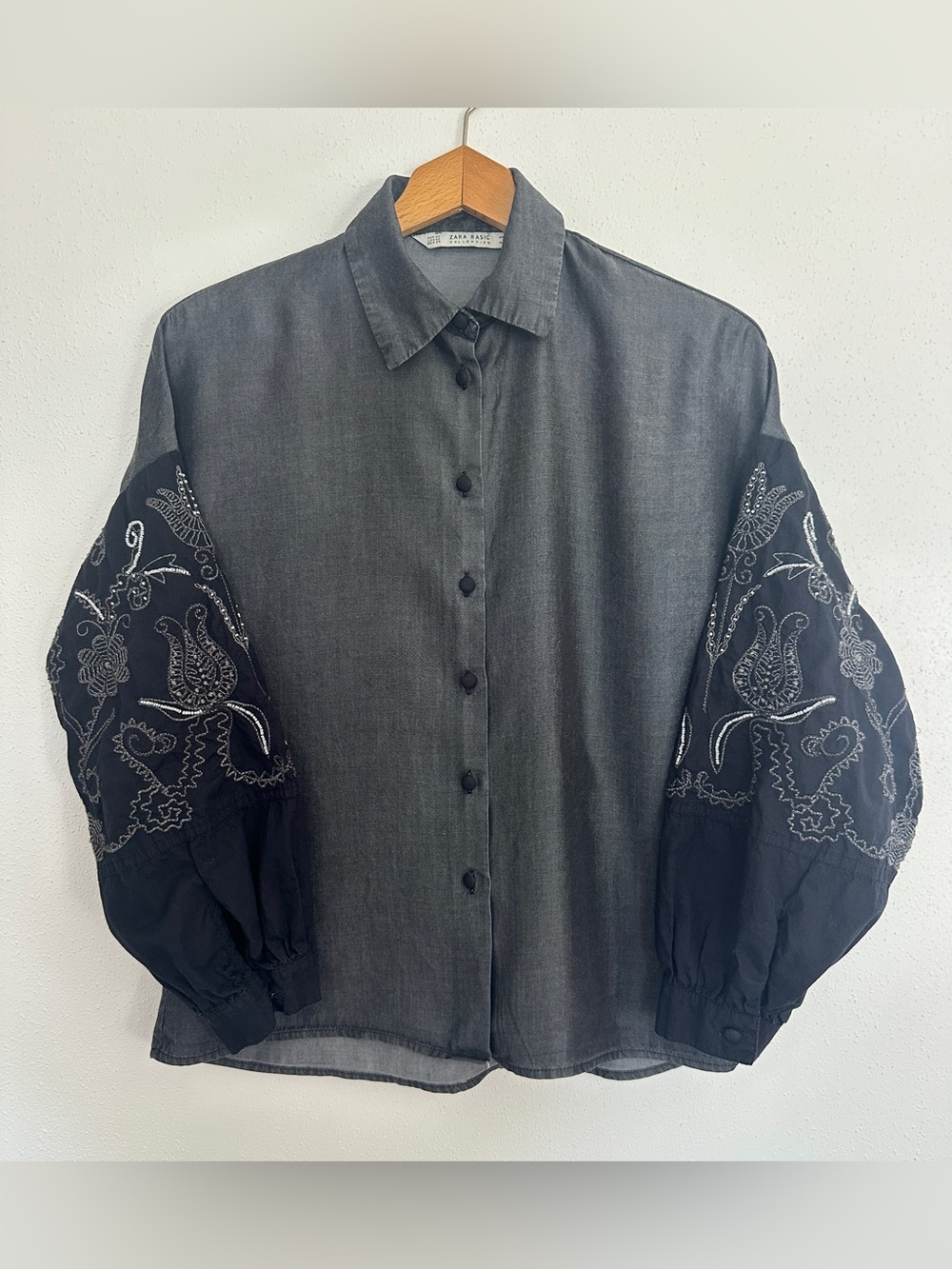 ZARA Maya Charcoal Denim Embroidered Balloon Sleeve Blouse Top Shirt XS